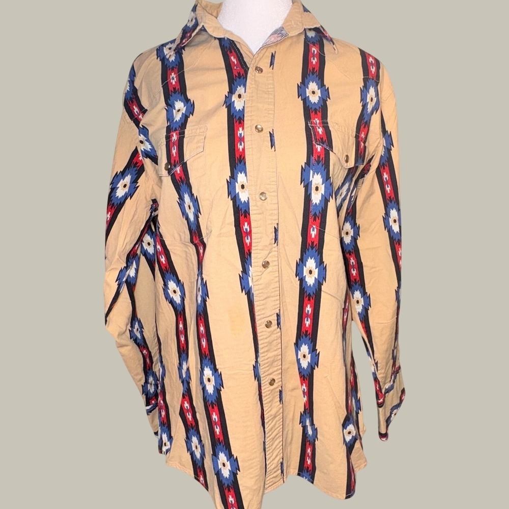Wrancher by Wrangler Western Tan Geometric Stripe Pearl Snap Cowboy Rodeo